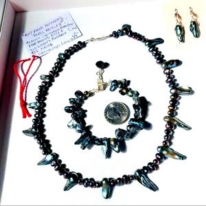 Peacock Pearl Handcrafted Gemstone Necklace, Bracelet & Earring Set 925